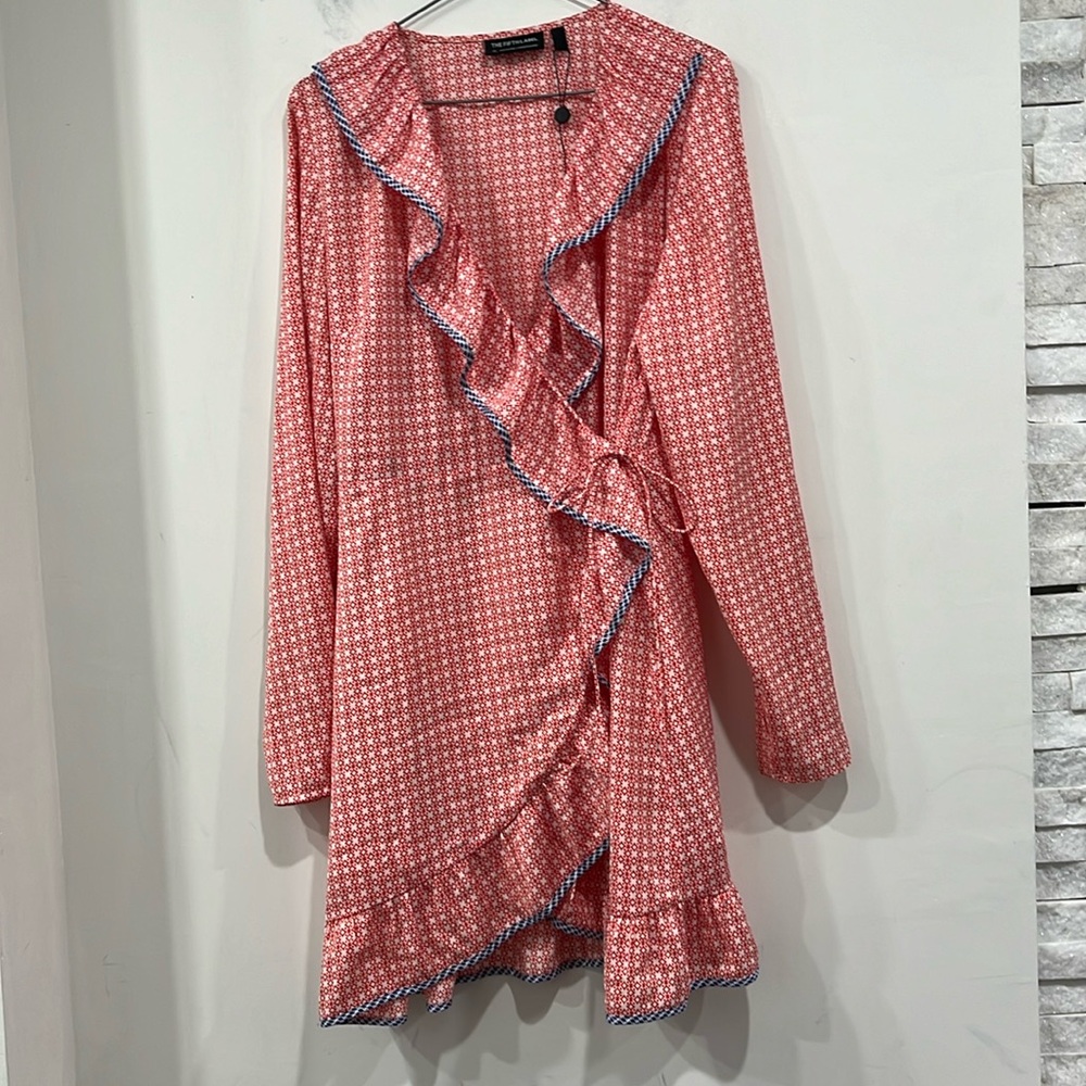 Anthropology The Fifth Label Long Sleeve Wrap Up Dress Red White Blue Geo M